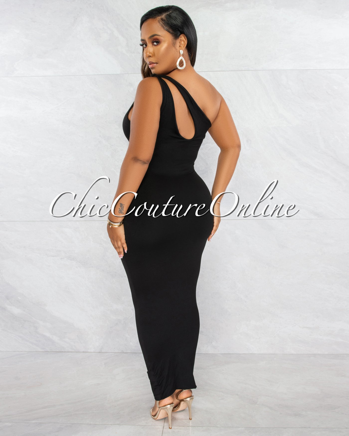 Facundo Black Single Shoulder Cut-Out Double Lined Maxi Dress