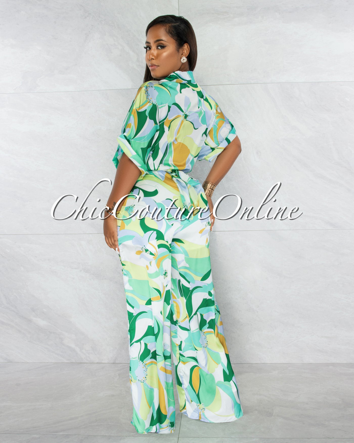 Tanysa Green Floral Print Waist Tie Silky Jumpsuit