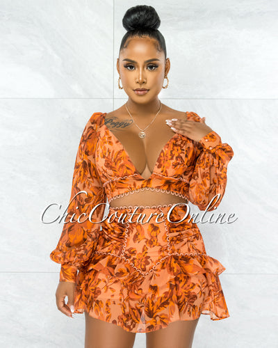 Cluny Orange Floral Print Crop Top & Ruffle Skirt Set