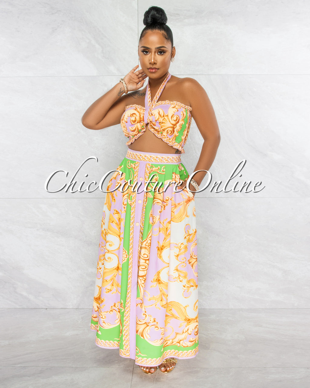 Ireta Green Lilac Gold Smocked Crop Top & Maxi Skirt Set