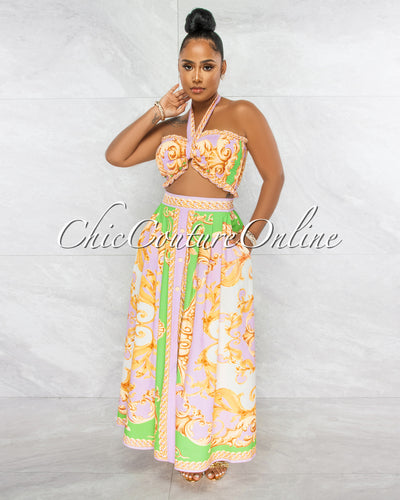 Ireta Green Lilac Gold Smocked Crop Top & Maxi Skirt Set