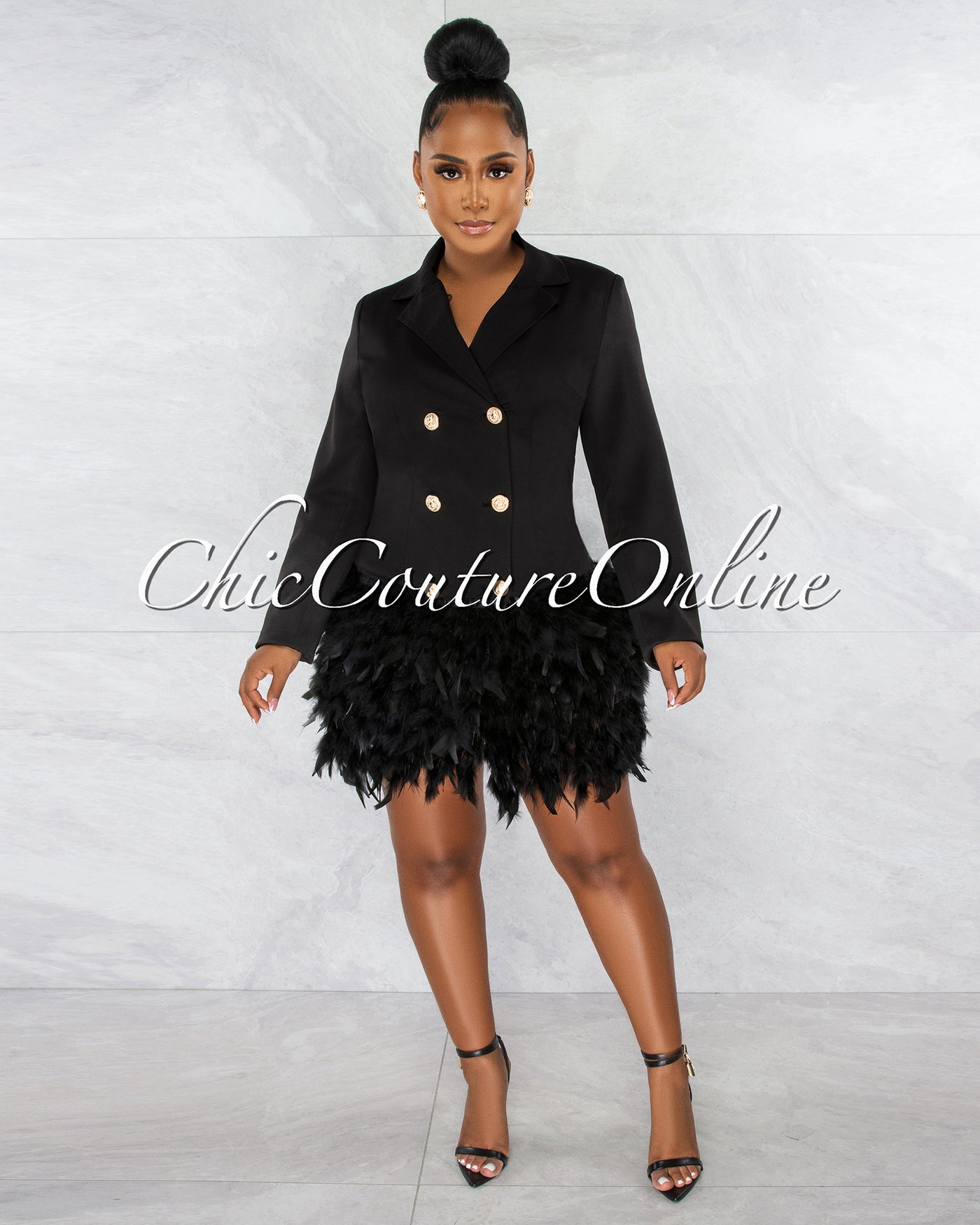 Thirza Black Gold Buttons Trench Feathers Hem Dress