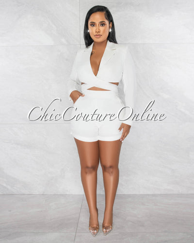 Bianca Off-White Collared Cut-Out Waist Romper