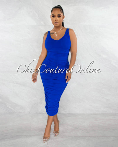 Tisha Royal Blue Mesh Ruched Midi Dress