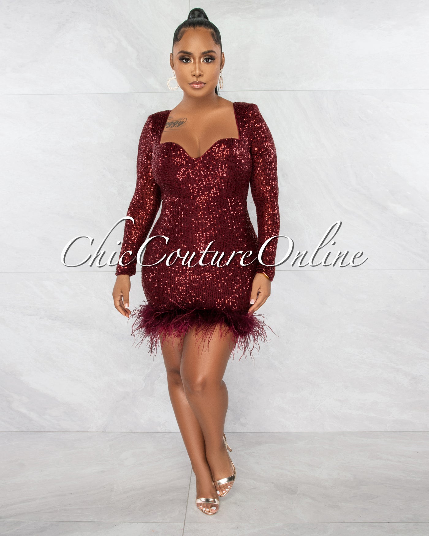 Daliana Wine Red Sequins Ruched Queen Anne Feather Hem Dress
