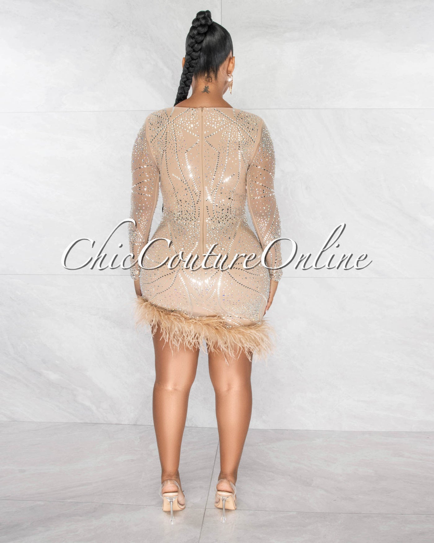 Halbert Nude Silver Rhinestones Mesh Feathers Asymmetrical Dress
