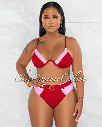 Dugan Burgundy Pink Ribbed "O" Ring Two Piece Swimsuit
