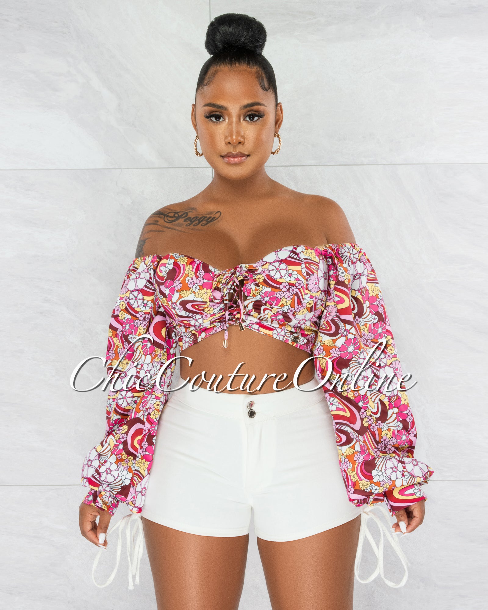 *Thea Off-White Ruched Adjustable Side Mini Shorts
