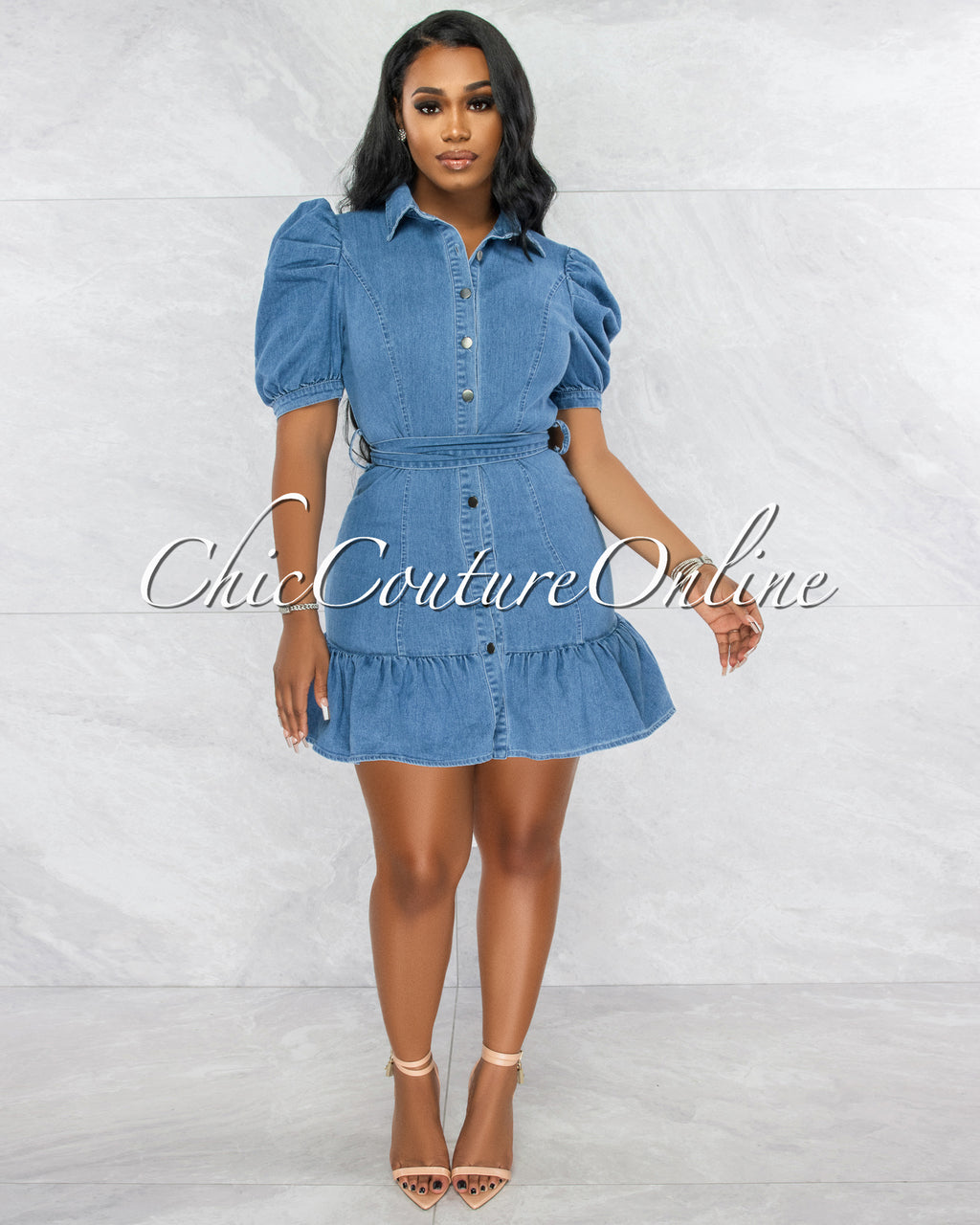 Raven Medium Denim Bubble Sleeves Ruffle Dress