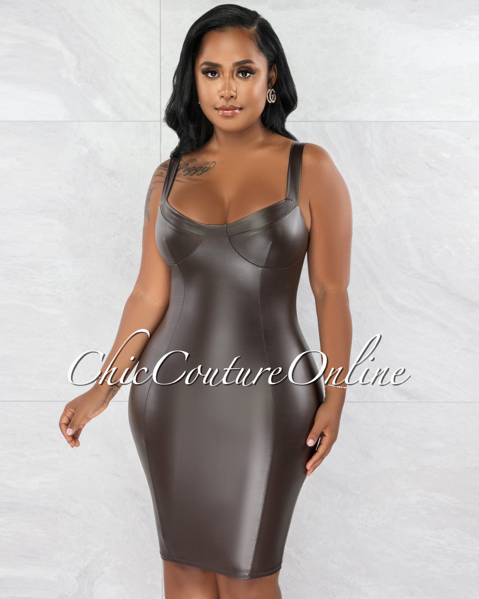 *Vincent Chocolate Faux Leather Body-Con Dress