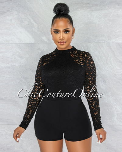 Lola Black Lace Sheer Sleeves Romper