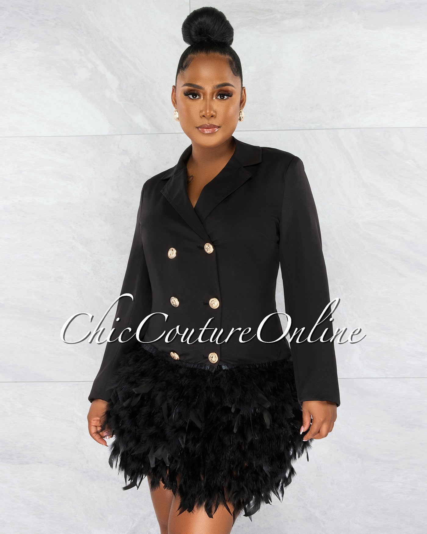 Thirza Black Gold Buttons Trench Feathers Hem Dress