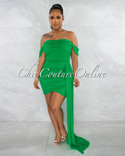 Cammy Green Ruched Mesh Off-The Shoulders Train Dress