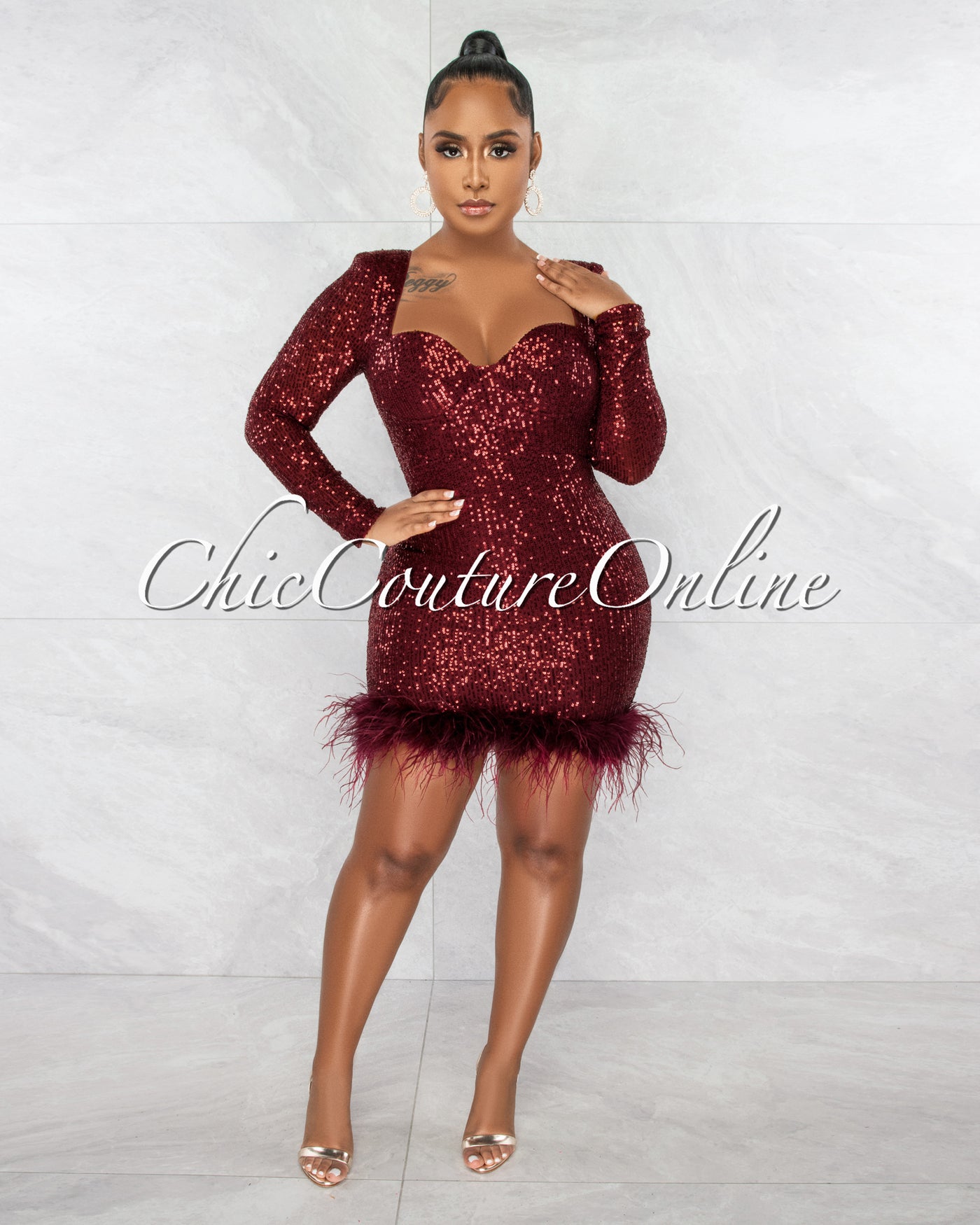 *Daliana Wine Red Sequins Ruched Queen Anne Feather Hem Dress