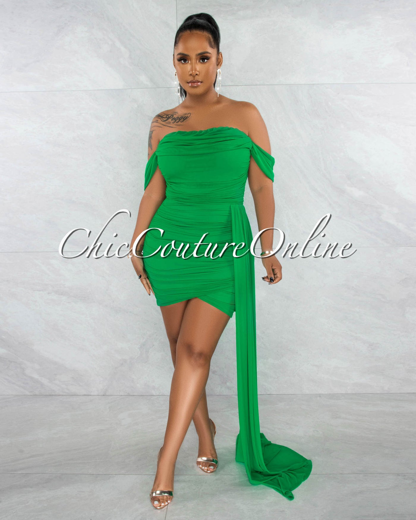 Cammy Green Ruched Mesh Off-The Shoulders Train Dress
