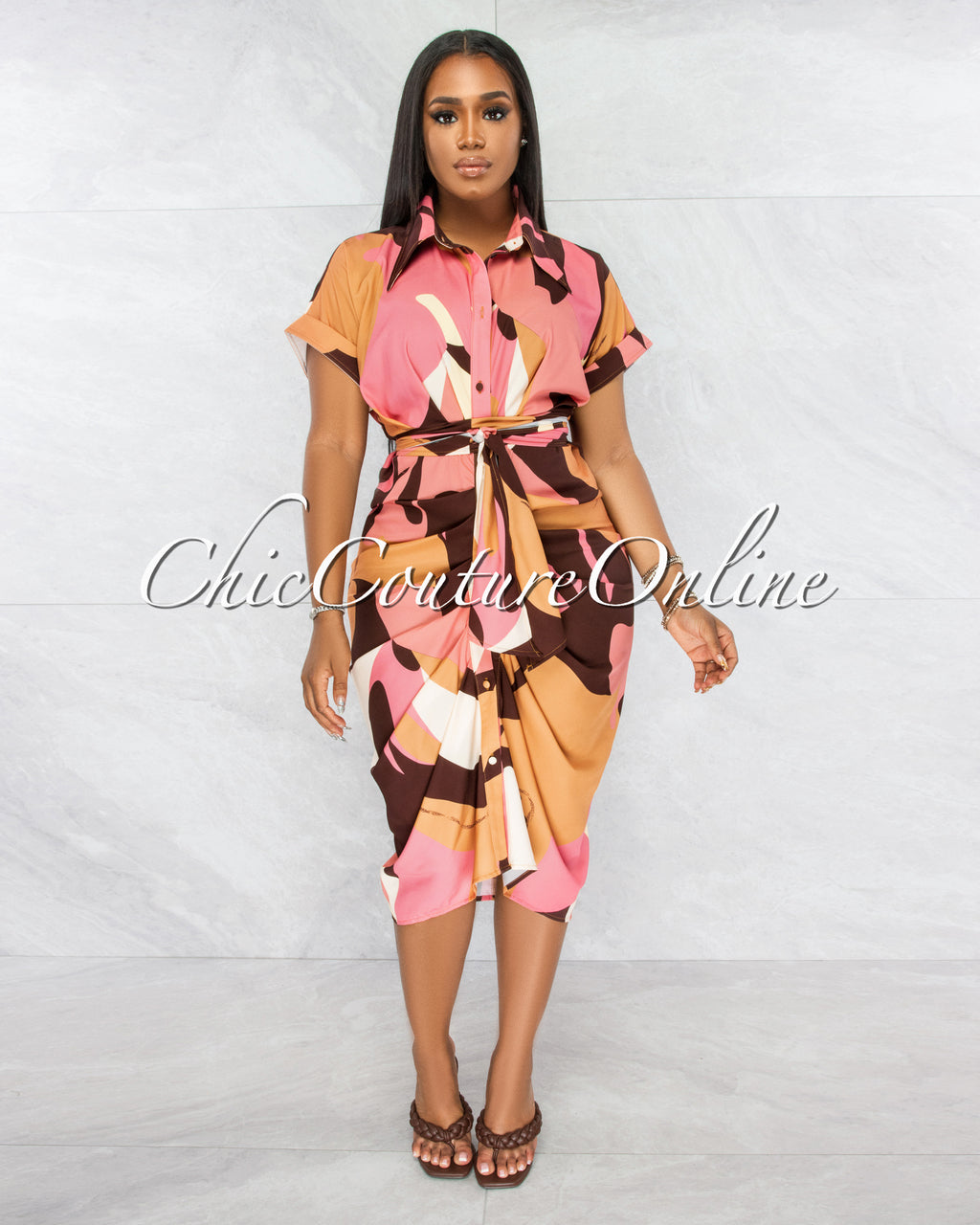 *Jeriah Salmon Brown Drape Self-Tie Belt Shirt Midi Dress