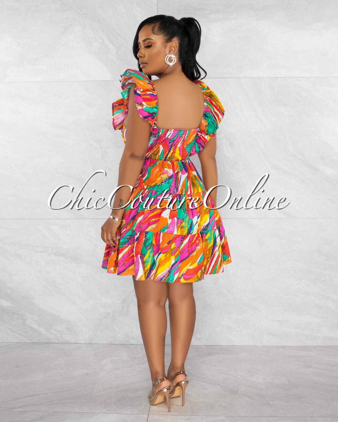 Flores Orange Print Ruffle Details Skater Dress