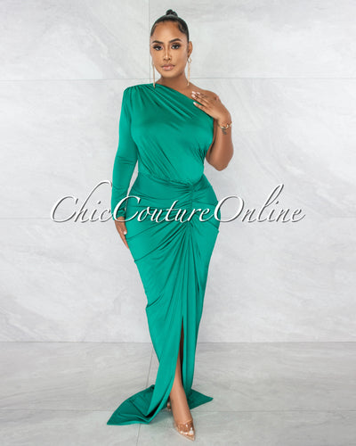 Kimber Kelly Green Single Shoulder Draped Maxi Dress