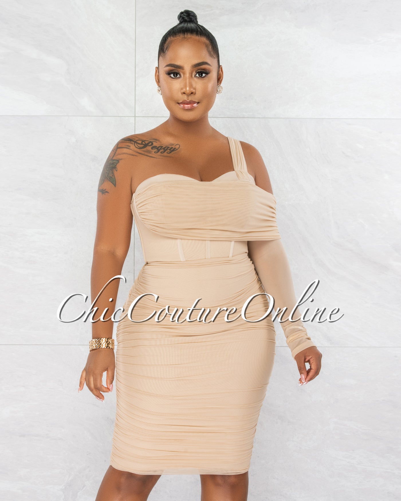 *Presa Nude Long Mesh Single Sleeve Ruched Bandage Dress