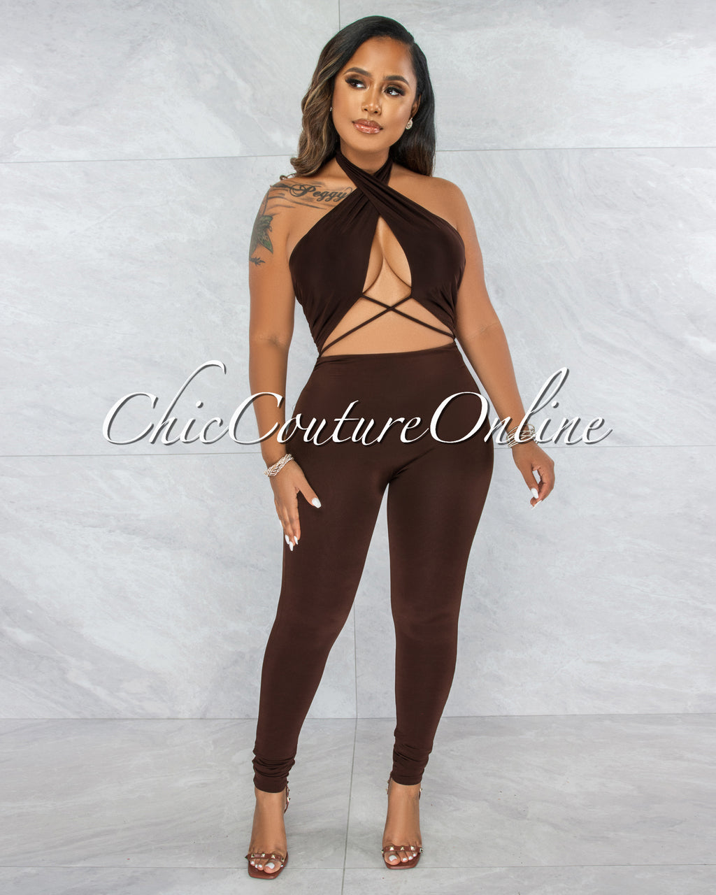 Antle Brown Front Crossed Double Lined Jumpsuit