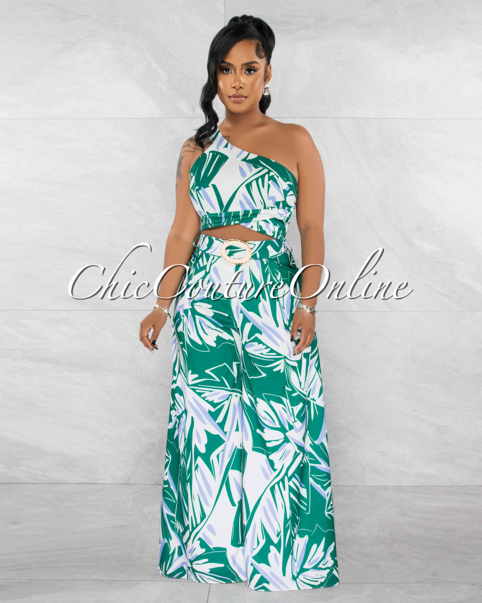 *Dressa Green White Print Crop Top & Gold Boho Buckle Belt Pants Set