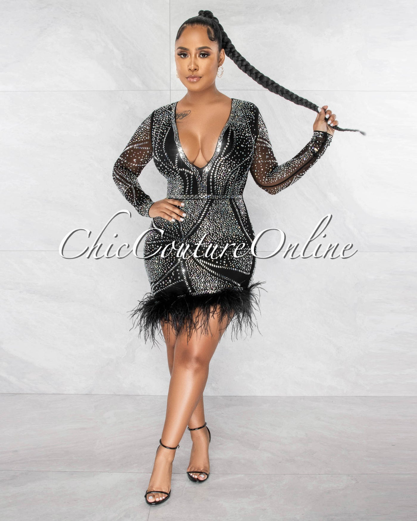 Halbert Black Silver Rhinestones Mesh Feathers Asymmetrical Dress