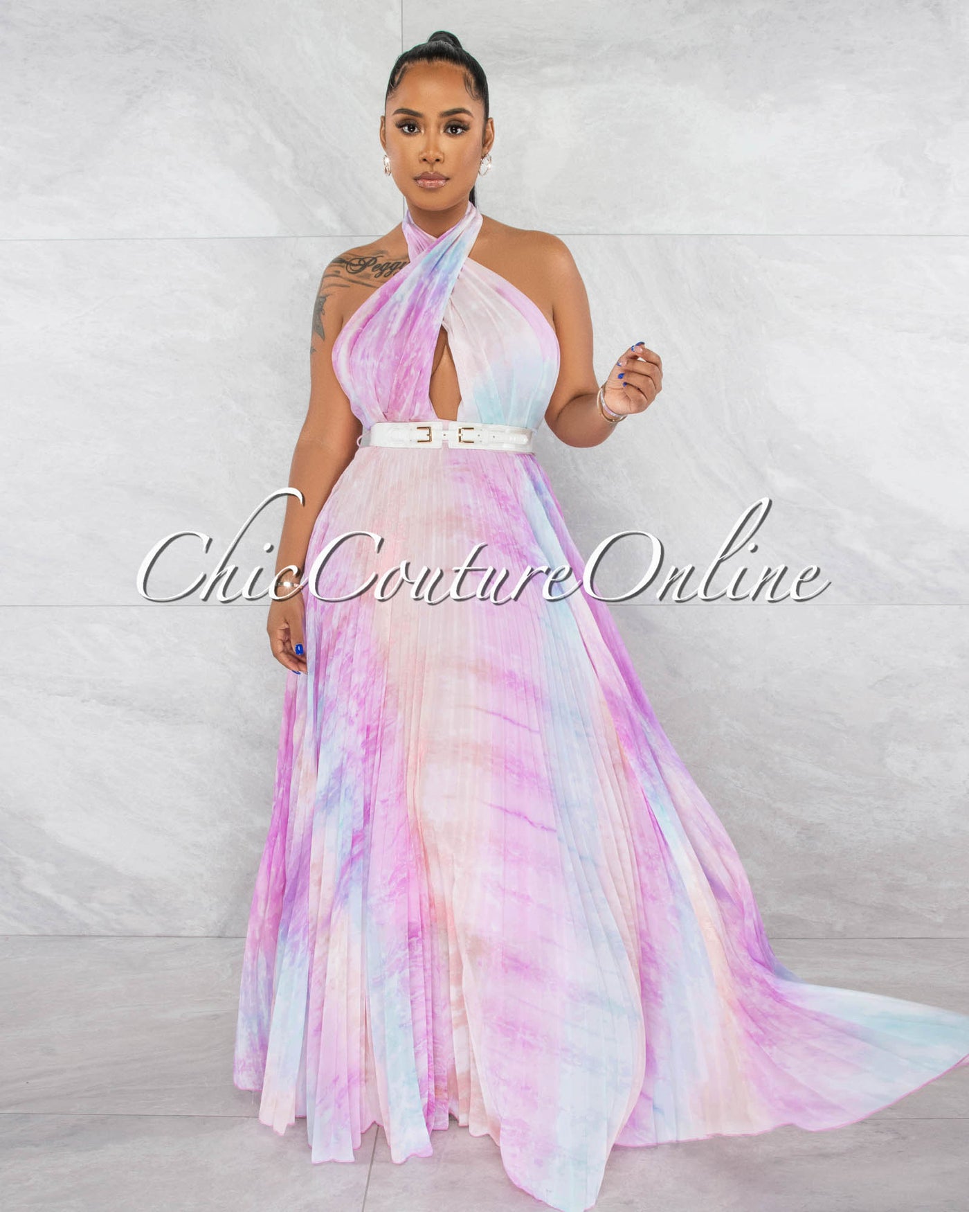 *Ethel Pink Lilac White Belt Halter Pleated Maxi Dress