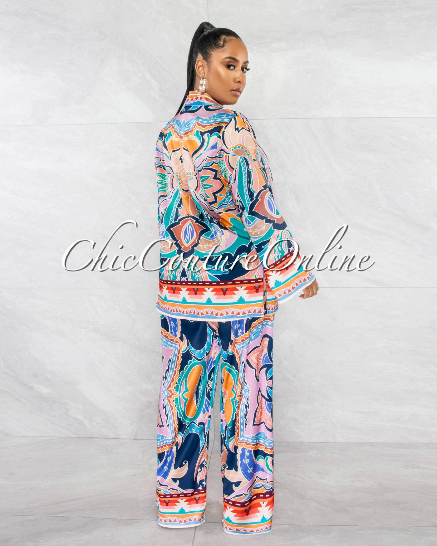 *Dreyna Multi-Color Print Crop Top & Pants Silky Set