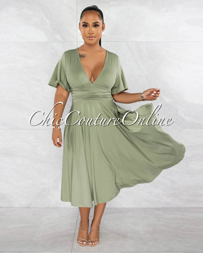 Naradia Olive Green Draped Waistband Midi Dress