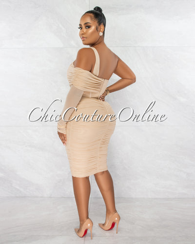 *Presa Nude Long Mesh Single Sleeve Ruched Bandage Dress