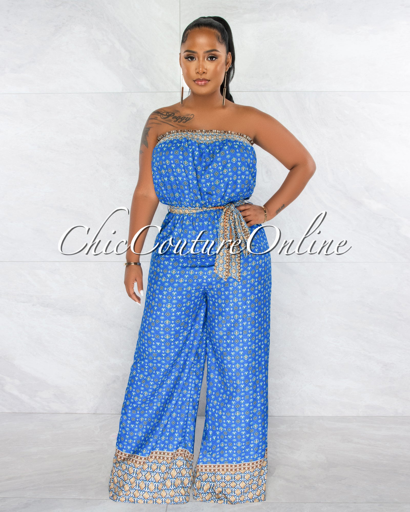 *Gunther Blue Multi-Color Print Self-Tie Belt Strapless Jumpsuit
