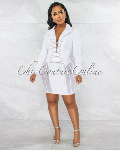 Ashira White Rhinestones Lace-Up Mesh Accent Dress