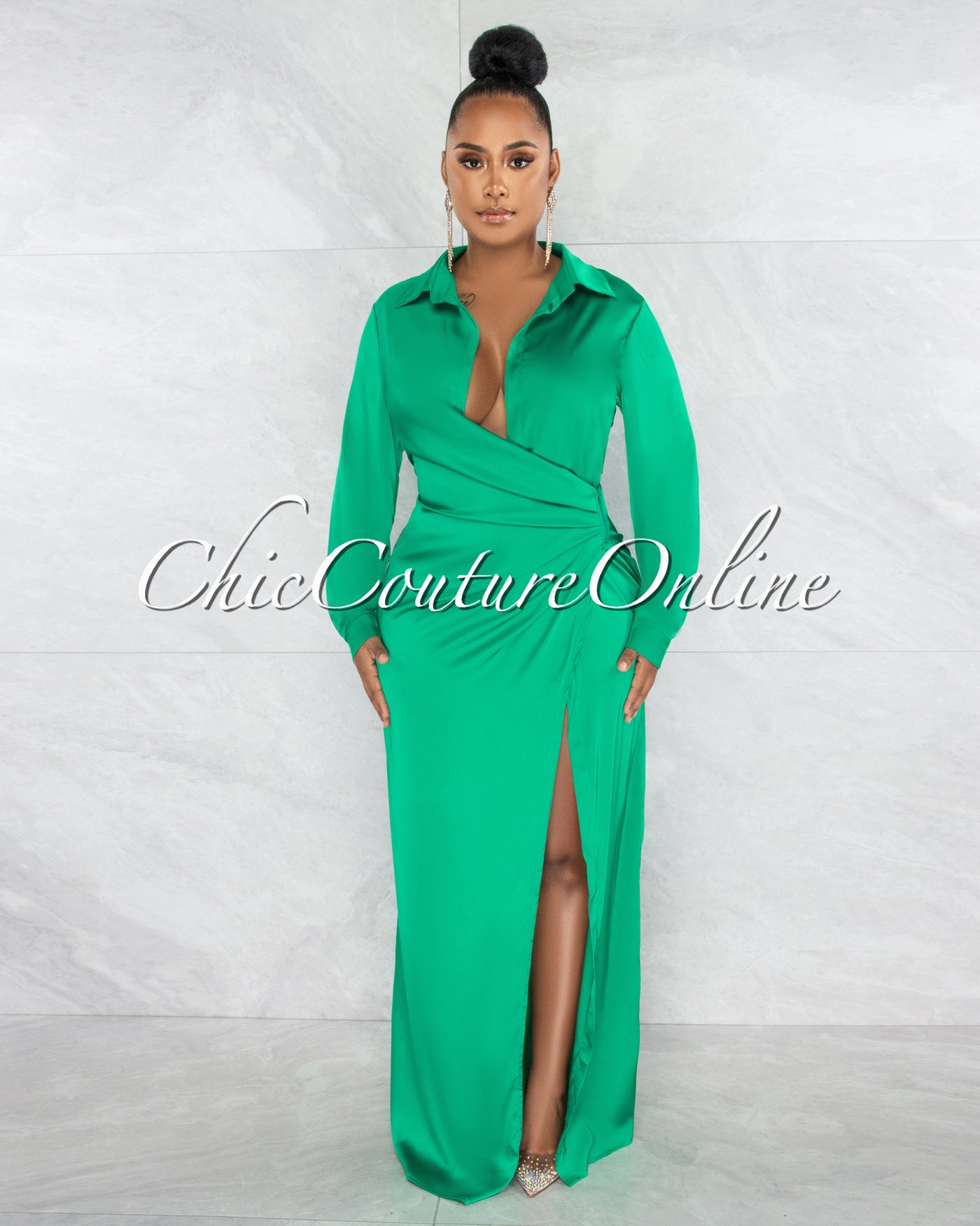 *Yuriana Emerald Green Draped Front Maxi Silky Dress