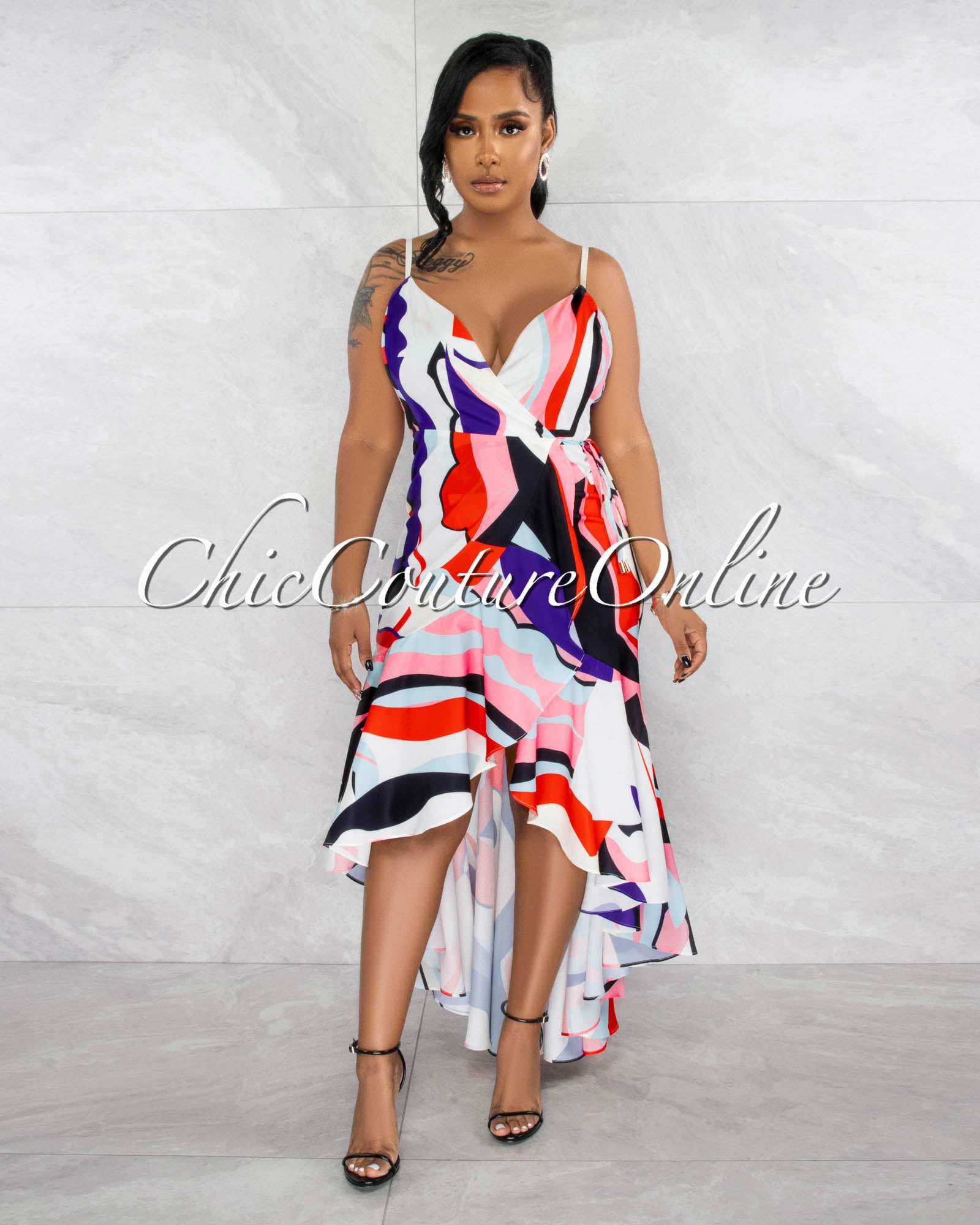*Rivers White Multi-Color Print Wrap Ruffle Maxi Dress