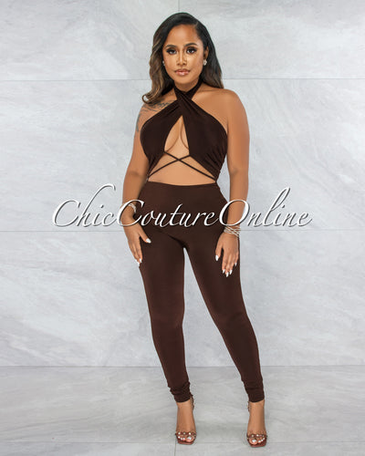 *Antle Brown Front Crossed Double Lined Jumpsuit