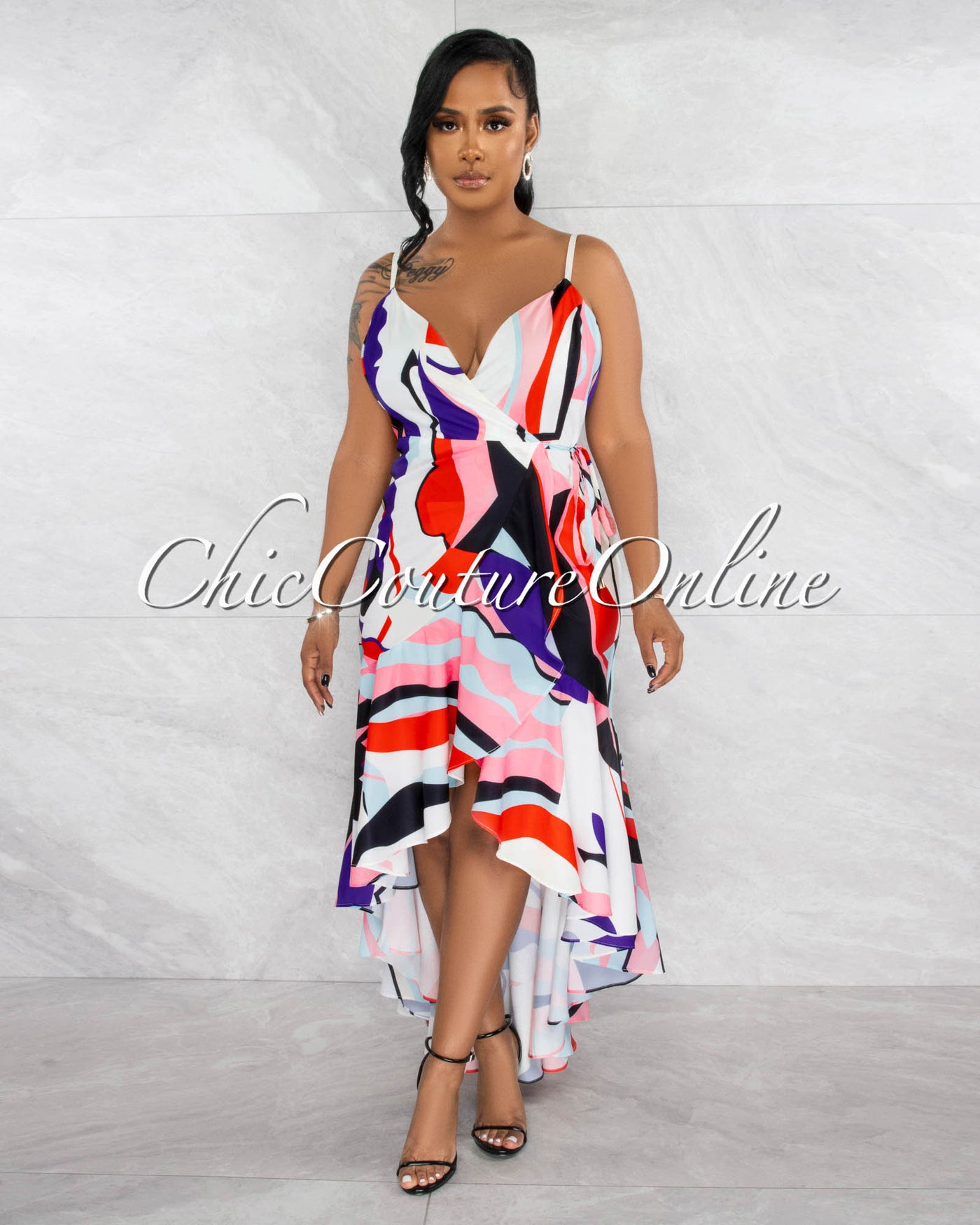 *Rivers White Multi-Color Print Wrap Ruffle Maxi Dress