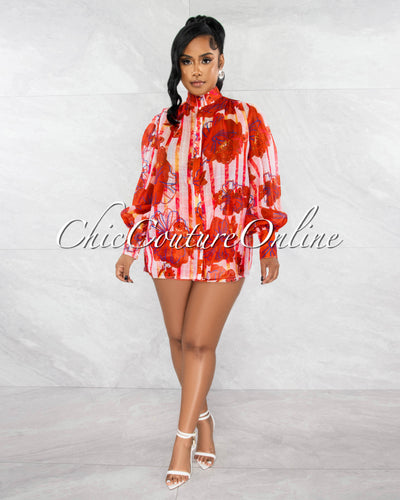 Oyama Orange Print Sheer Blouse & Mini Belted Shorts Set