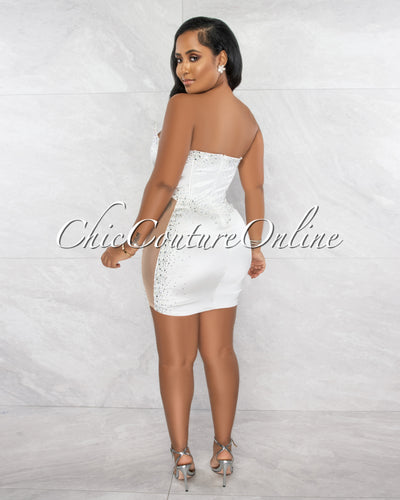Emporio Off-White Rhinestones Silky Mesh Sheer Sides Mini Dress