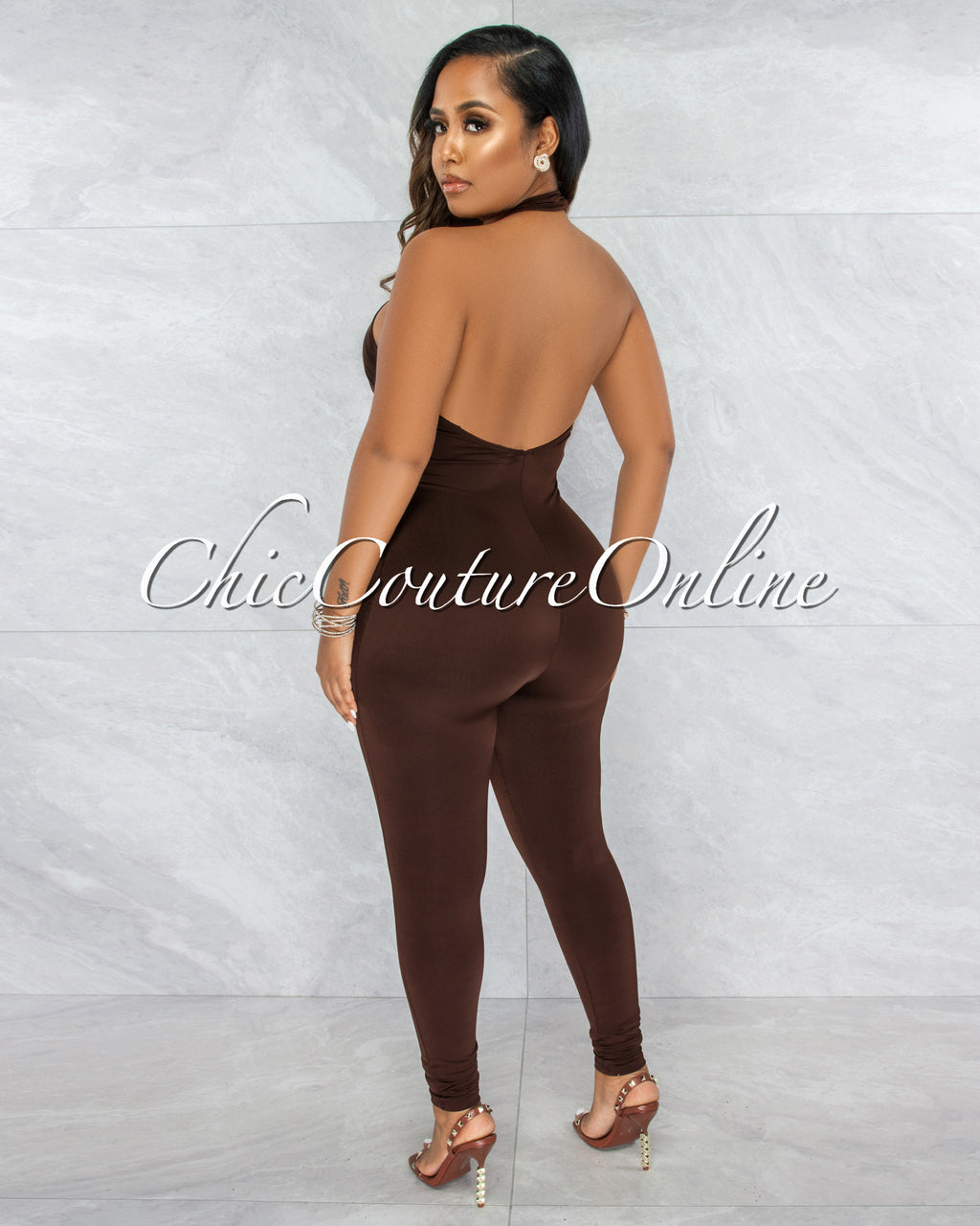 *Antle Brown Front Crossed Double Lined Jumpsuit