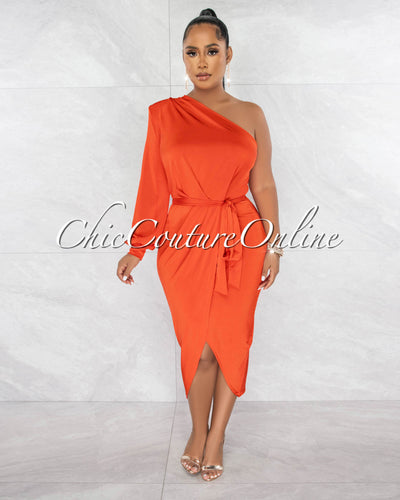 *Jiselle Orange Single Long Sleeve Midi Dress