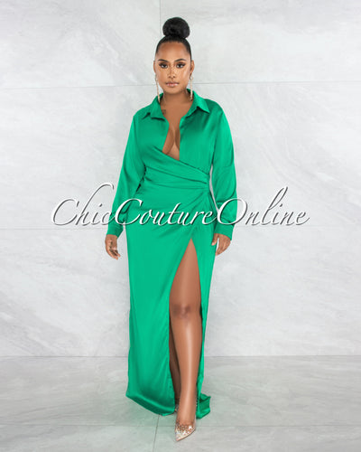 *Yuriana Emerald Green Draped Front Maxi Silky Dress