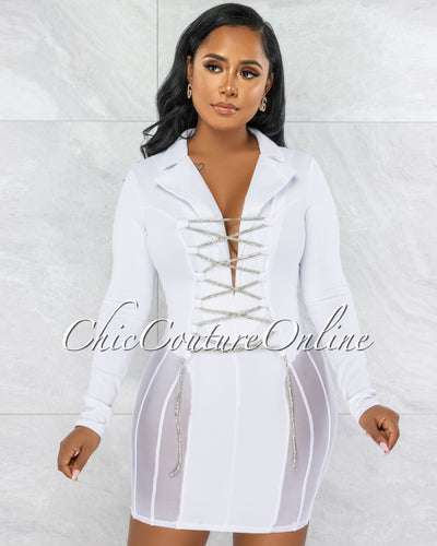 Ashira White Rhinestones Lace-Up Mesh Accent Dress