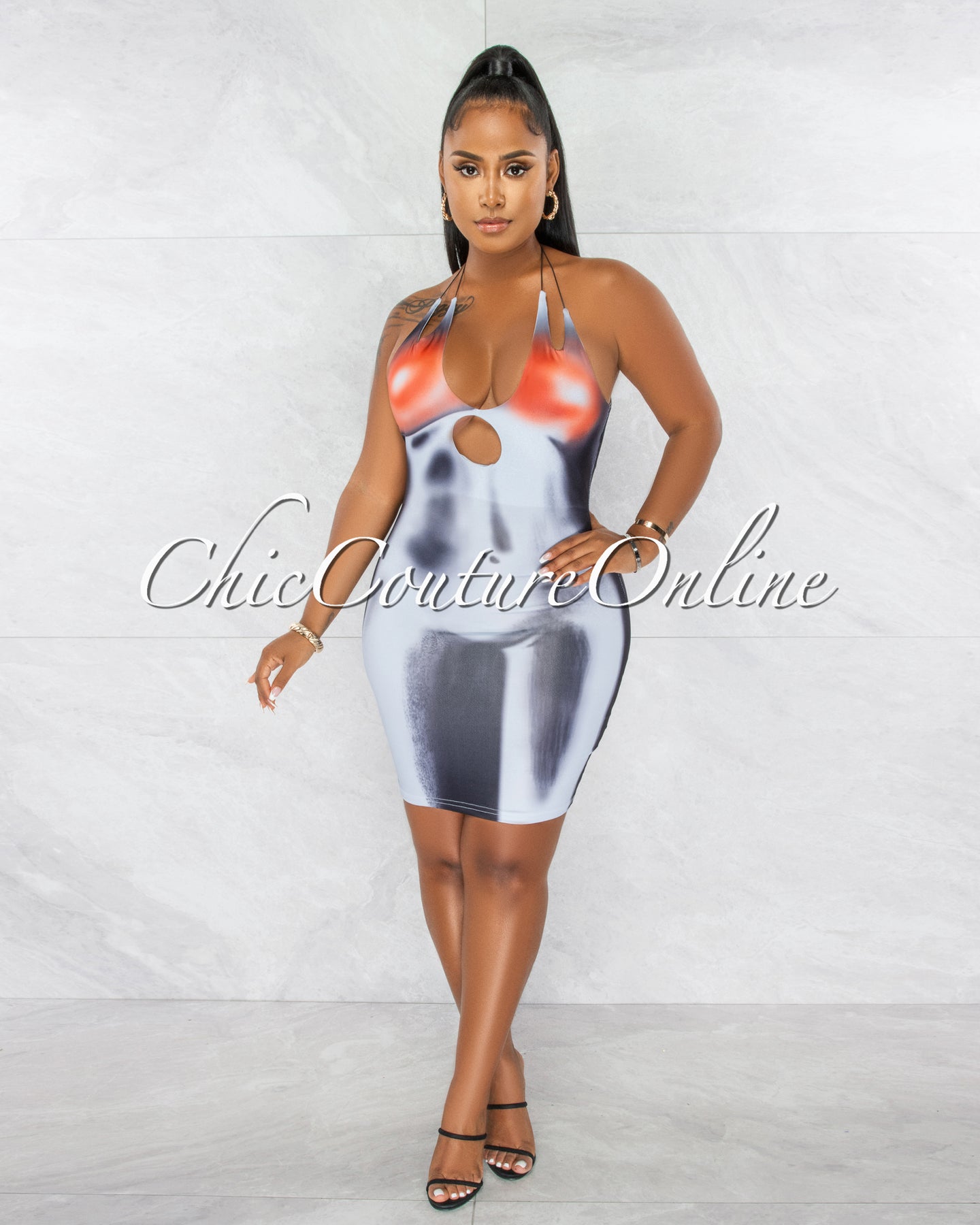 *Lydia Black Grey Orange Print Bust Key-Hole Dress