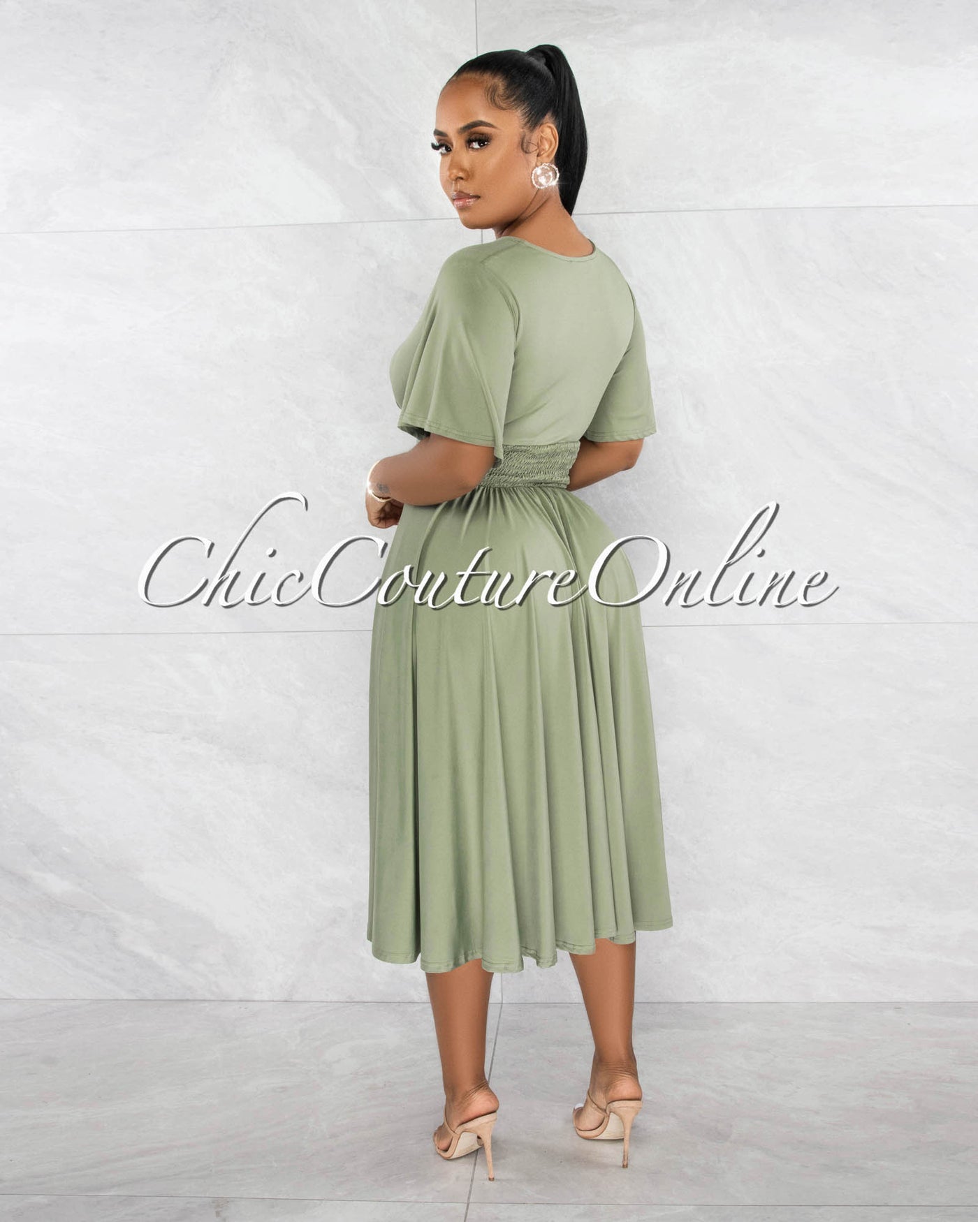 *Naradia Olive Green Draped Waistband Midi Dress