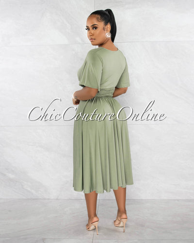 *Naradia Olive Green Draped Waistband Midi Dress