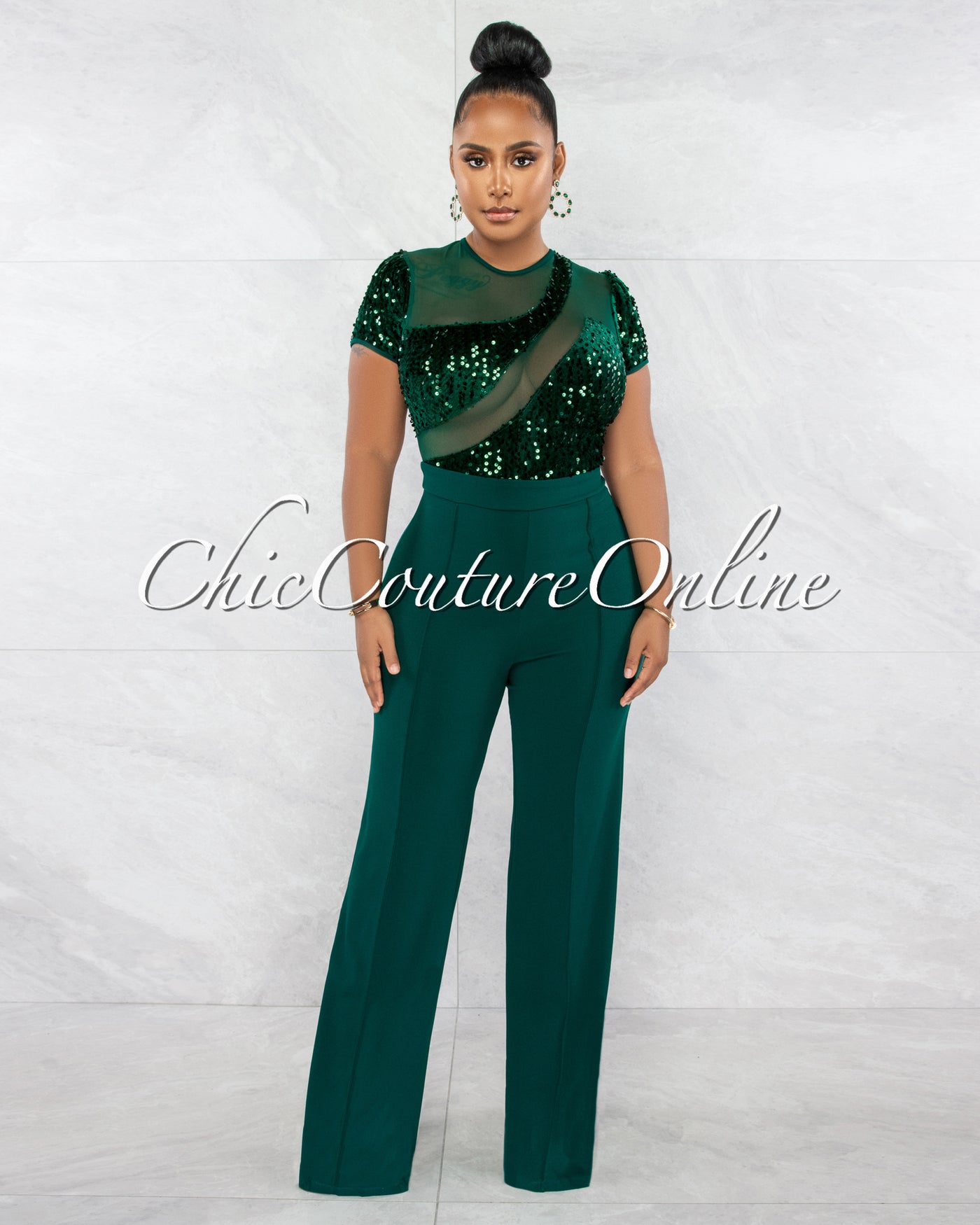 Flera Hunter Green Sequins Sheer Top Jumpsuit