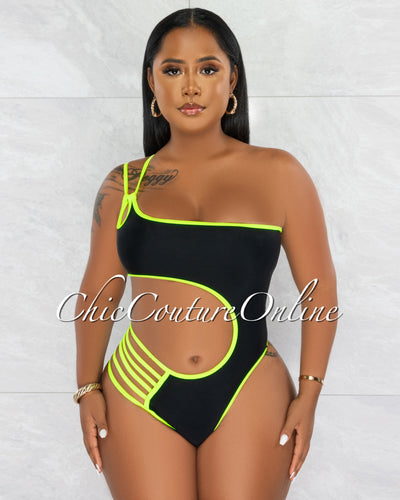 Tanisha Black Neon Green Cut-Out Strap Side Back Monokini