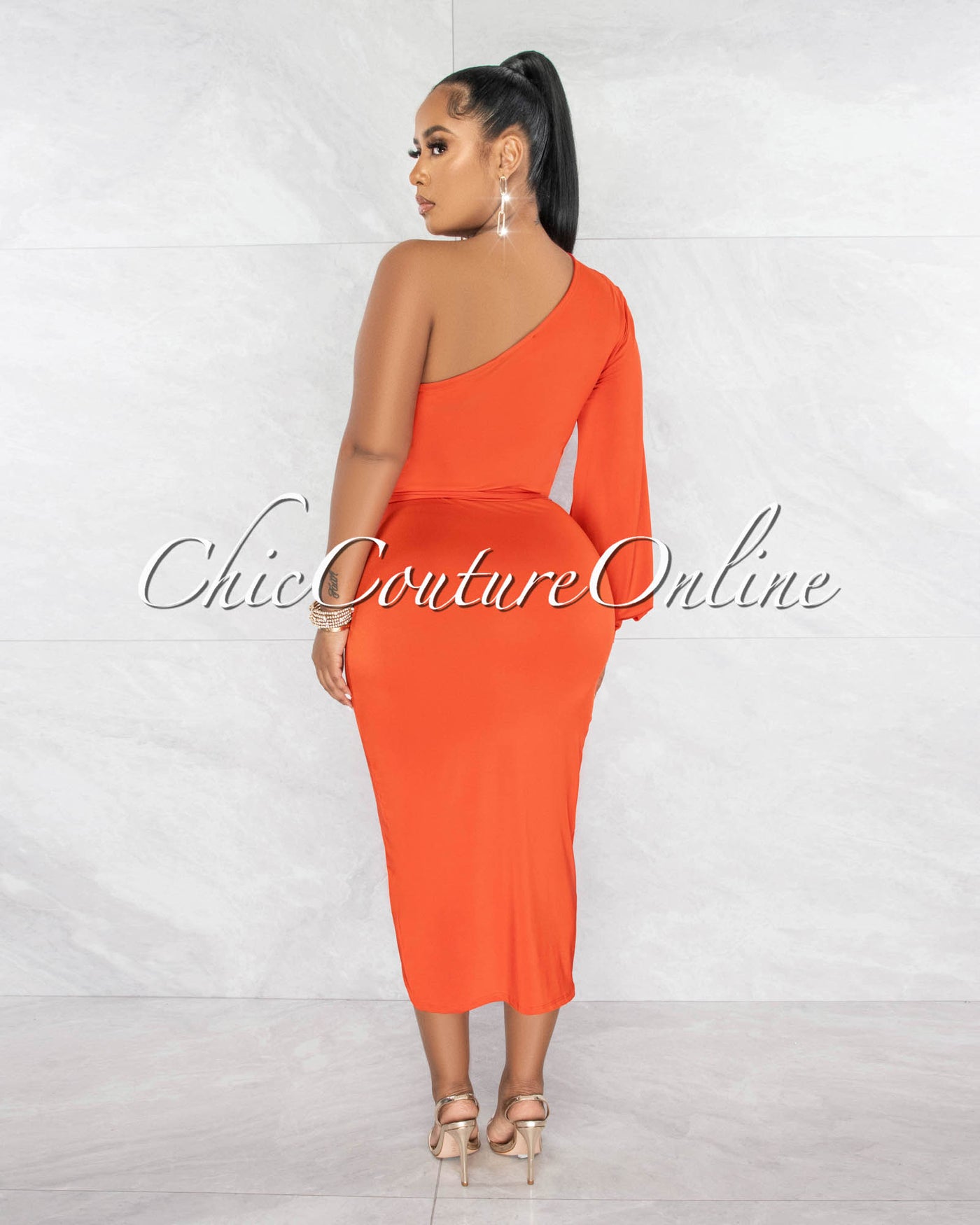 *Jiselle Orange Single Long Sleeve Midi Dress