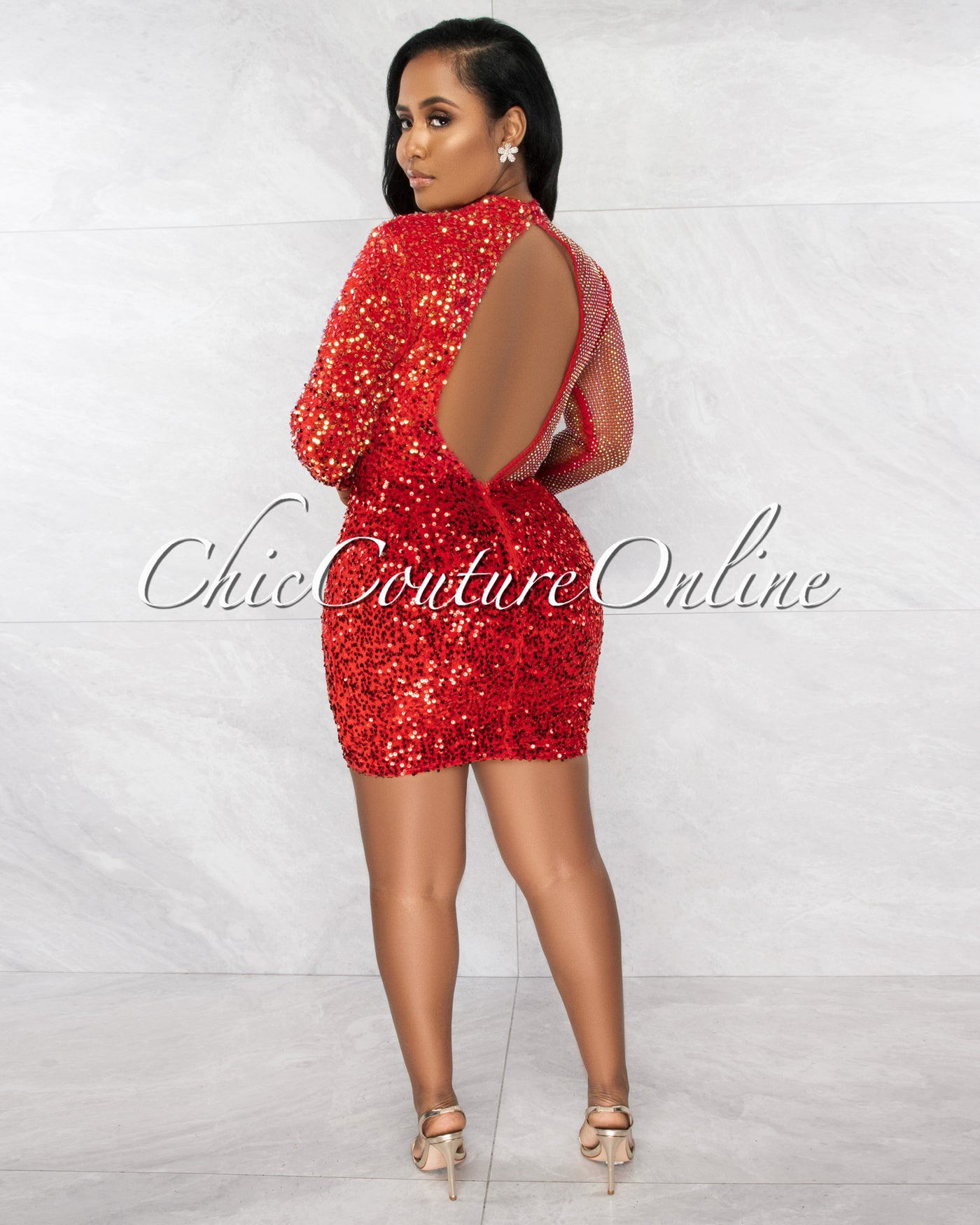 *Everleigh Red Net Rhinestones Iridescent Sequins Mini Dress