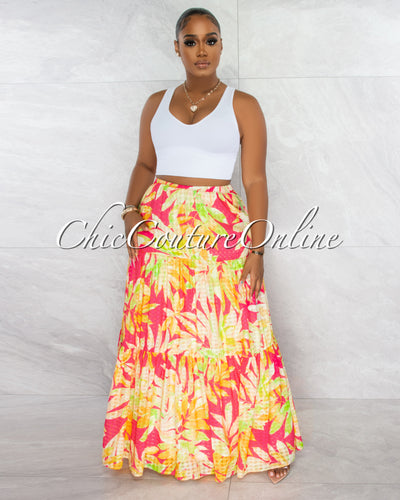 *Mermada Coral Yellow Leaf Print Maxi Skirt